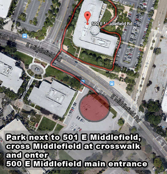 Park on the south side of Middlefield next to 501 E Middlefield the cross the street at cross walk and enter 500 E Middlefield at the main entrance